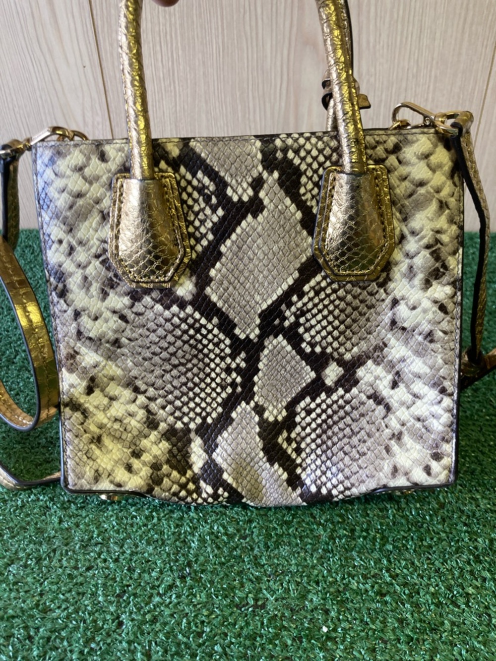 Michael Kors Gold and Brown Snakeskin-Print Satchel (OKPM-04-058) - Picture 5 of 11